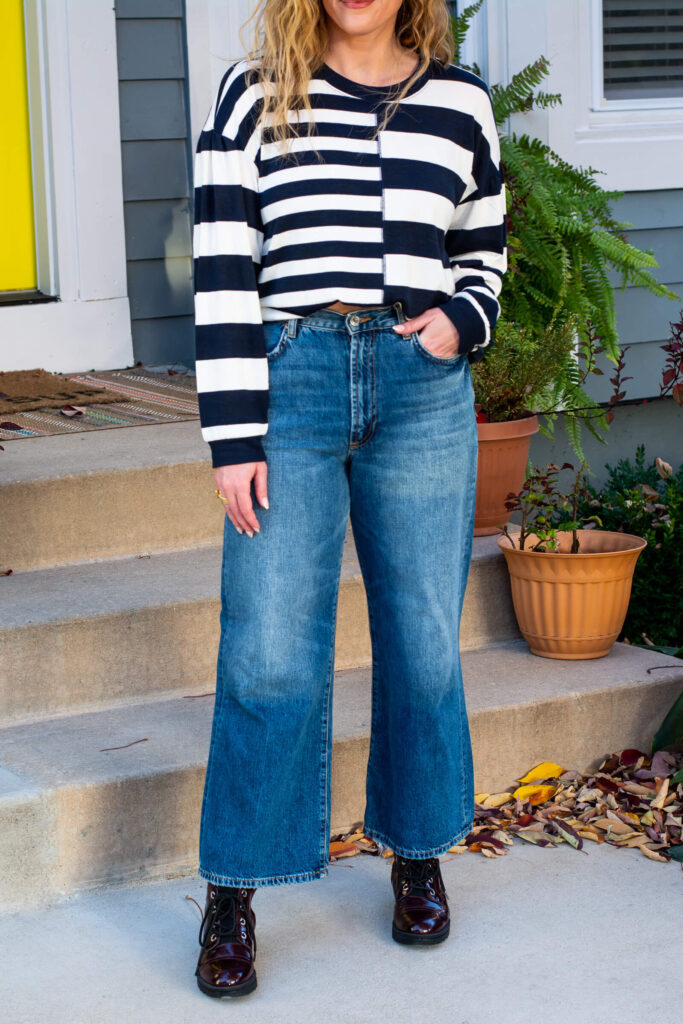 Mixed Stripe Sweater + Wide-leg Jeans and Combat Boots. | LSR