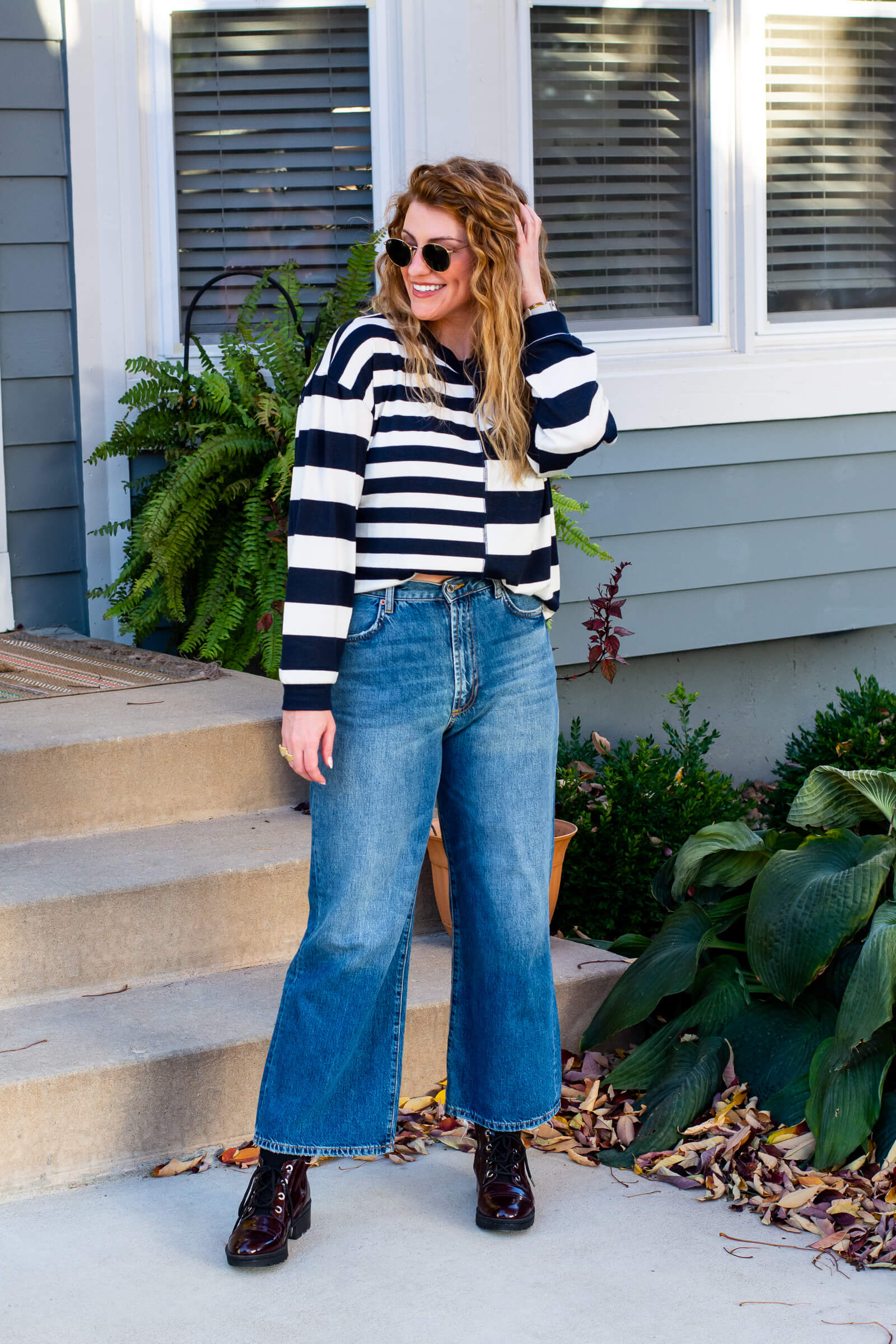 Striped Sweater and Wide-leg Jeans.