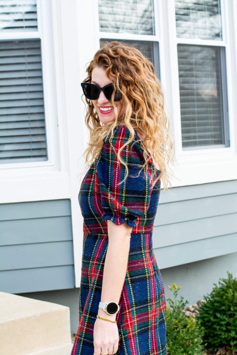 Plaid Tweed Holiday Dress with Blue Suede Pumps. | LSR