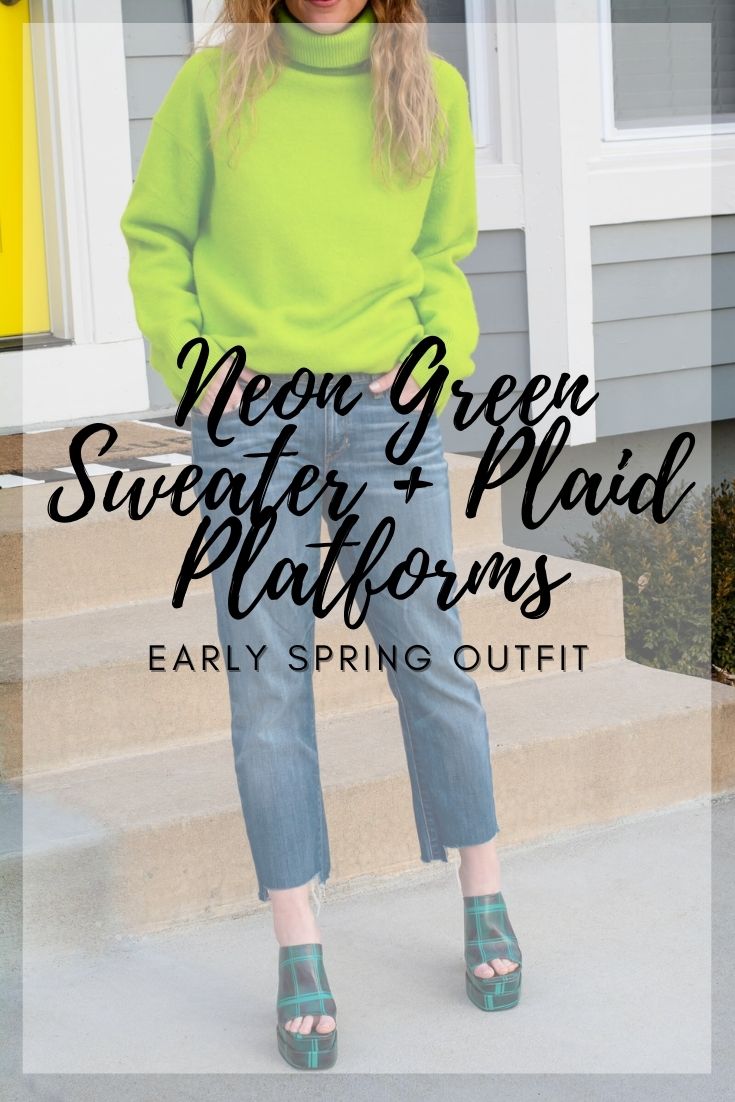 Early Spring + St. Patrick's Day Outfit Idea: Neon Green Sweater and Plaid Platforms. | LSR