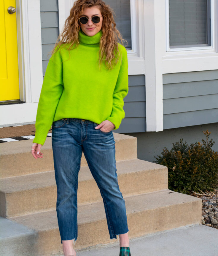 St. Patrick's Day Outfit Idea: Neon Green Sweater and Plaid Platforms.