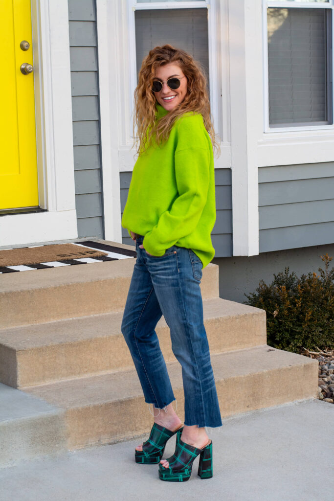 St. Patrick's Day Outfit Idea: Neon Green Sweater and Plaid Platforms.