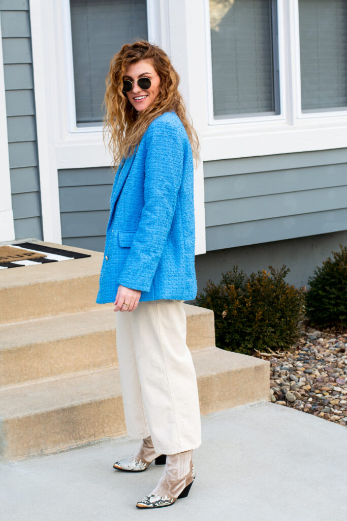 Blue Tweed Blazer with Wide-Leg Cropped Jeans. | LSR