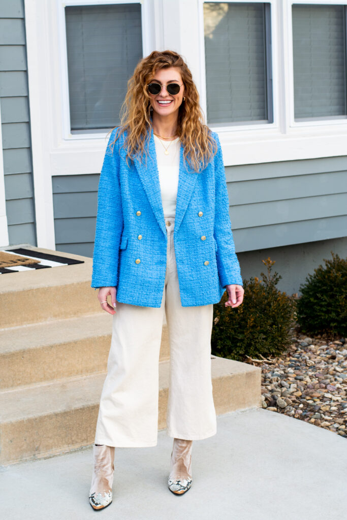 Blue Tweed Blazer with Wide-Leg Cropped Jeans. | LSR