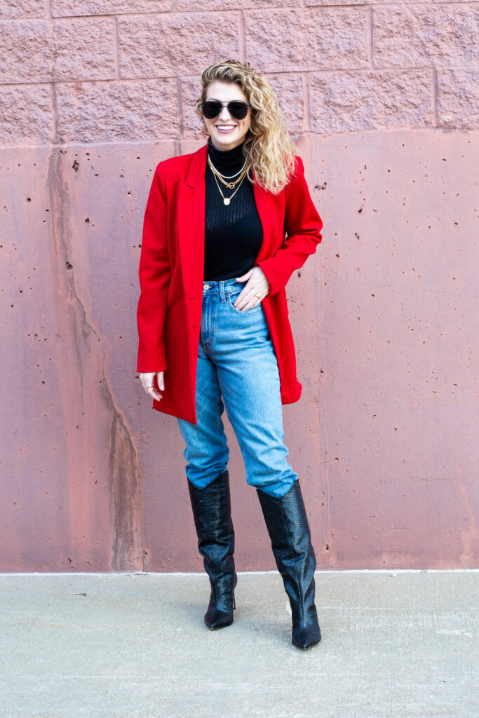 Cherry Red Blazer and Black Croc Boots for Fall. | LSR