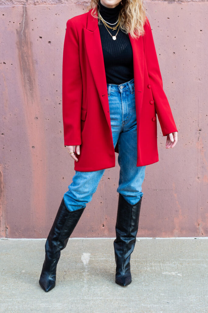 Cherry Red Blazer and Black Croc Boots for Fall. | LSR