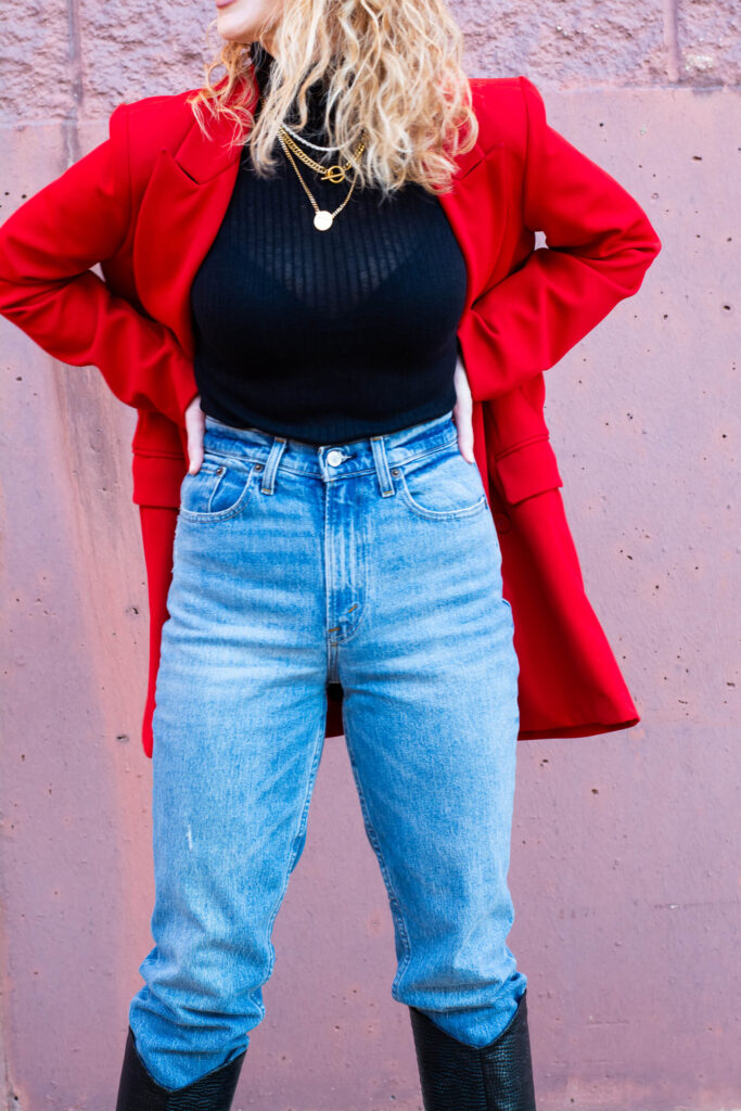 Cherry Red Blazer and Straight-leg Jeans for Fall. | LSR