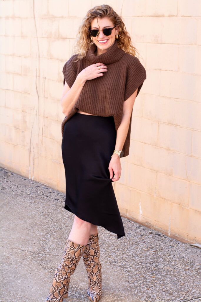 Chocolate Sweater and Satin Skirt with Snakeskin Boots. | LSR