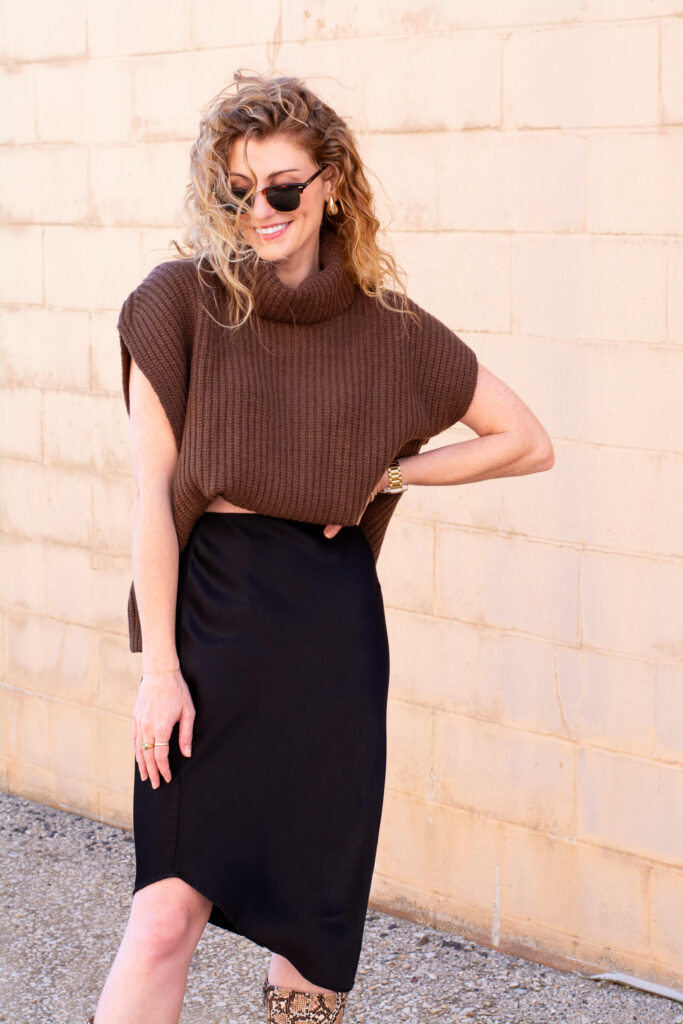 Chocolate Sweater and Black Satin Skirt. | LSR
