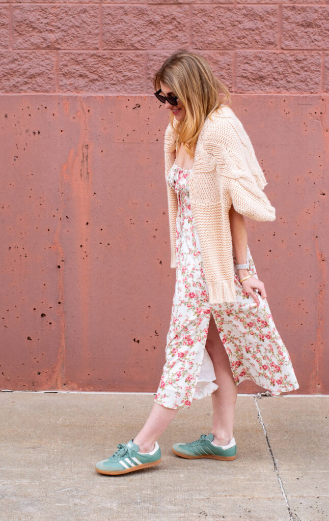 Early Spring Outfit: Floral Corset Dress with a Sweater and Sambas. | LSR