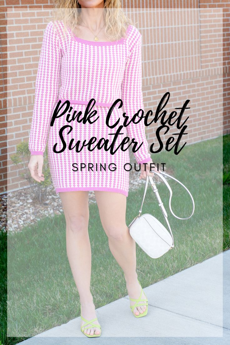 Spring Outfit: Pink Crochet Sweater Set with Lime Green Sandals. | LSR