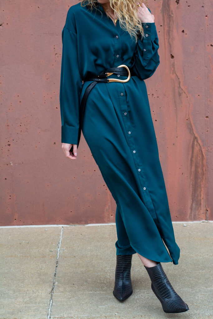 Satin Shirt Dress with a Statement Belt and Ankle Boots. | LSR