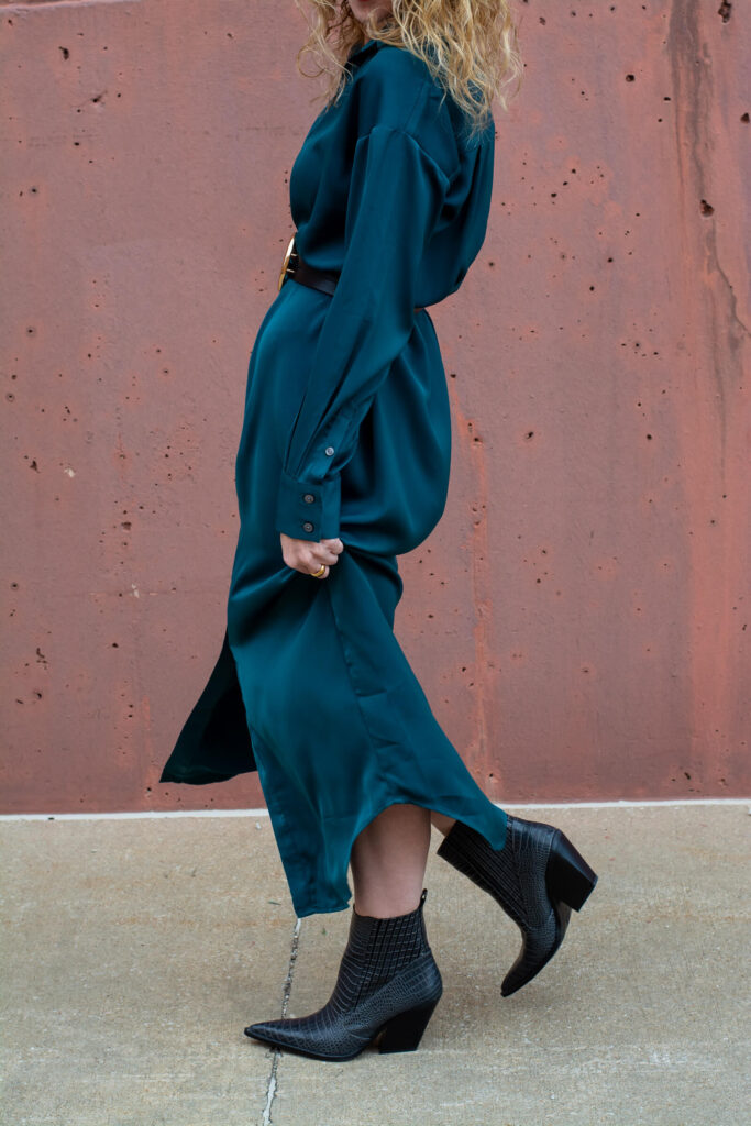 Satin Shirt Dress with a Statement Belt and Ankle Boots. | LSR