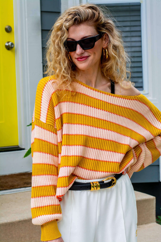 Gold and Pink Striped Slouchy Sweater: Fall Outfit. | LSR