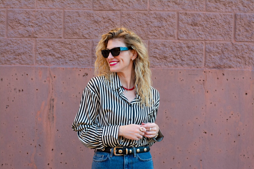 A Striped Blouse with Red Accents for a Casual Holiday Outfit. | LSR