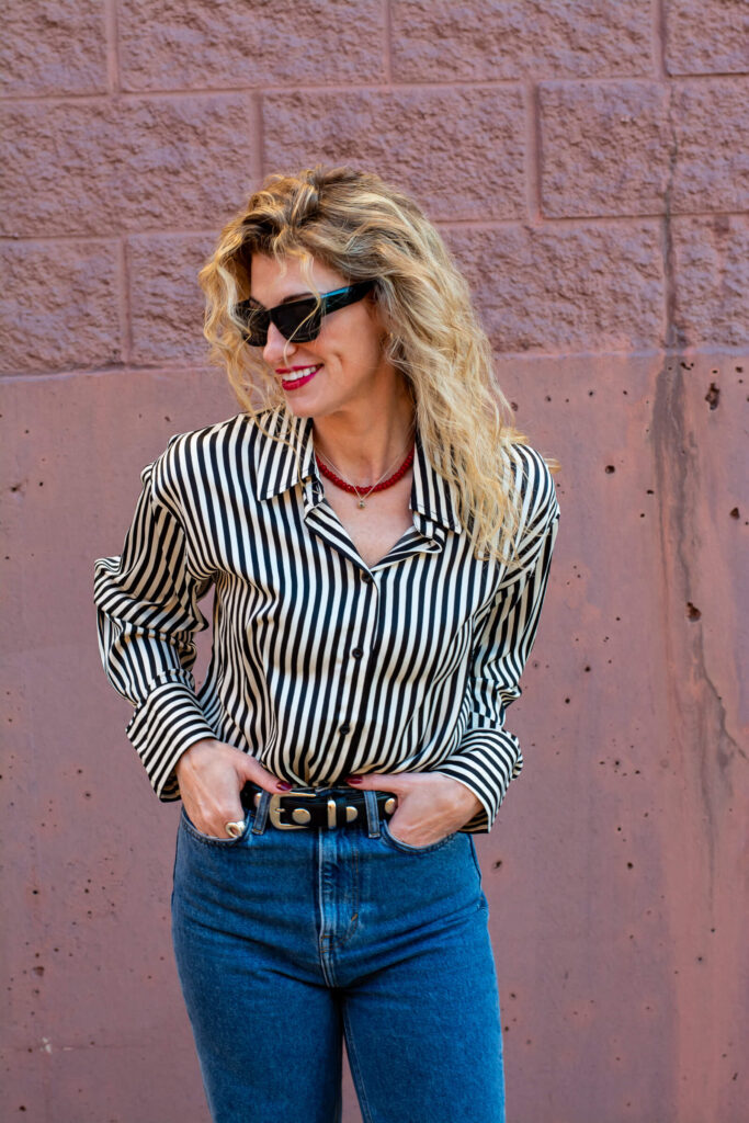 A Striped Blouse with Red Accents for a Casual Holiday Outfit. | LSR