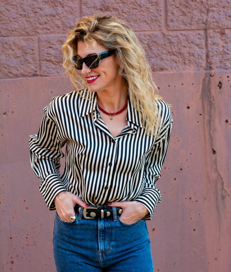 A Striped Blouse with Red Accents for a Casual Holiday Outfit. | LSR