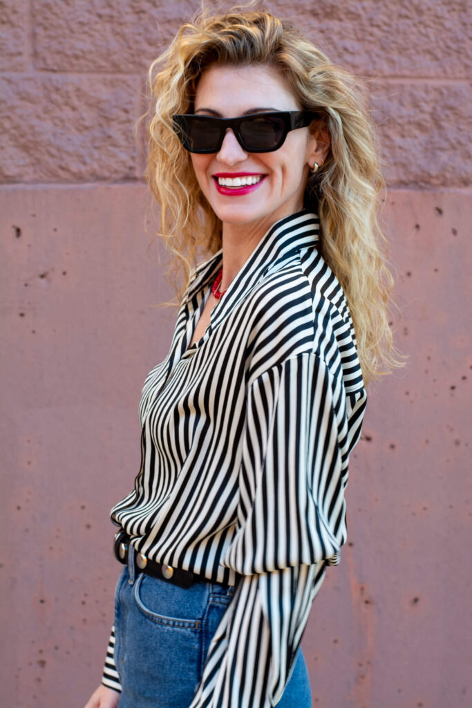 A Striped Blouse with Red Accents for a Casual Holiday Outfit. | LSR