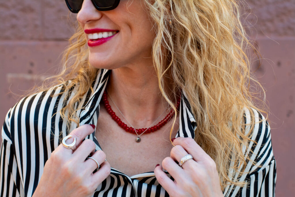 Red Accents with a Striped Blouse. | LSR