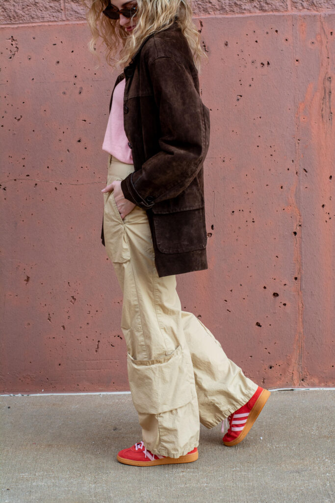 Chocolate Suede Jacket with Red and Pink Sneakers. | LSR