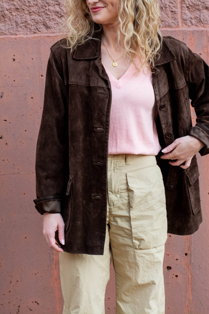 Chocolate Suede Jacket with a Baby Pink Sweater for Spring. | LSR