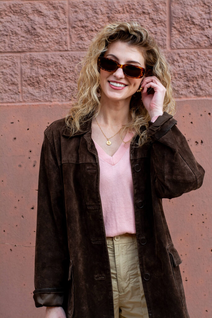 Chocolate Suede Jacket with a Baby Pink Sweater for Spring. | LSR