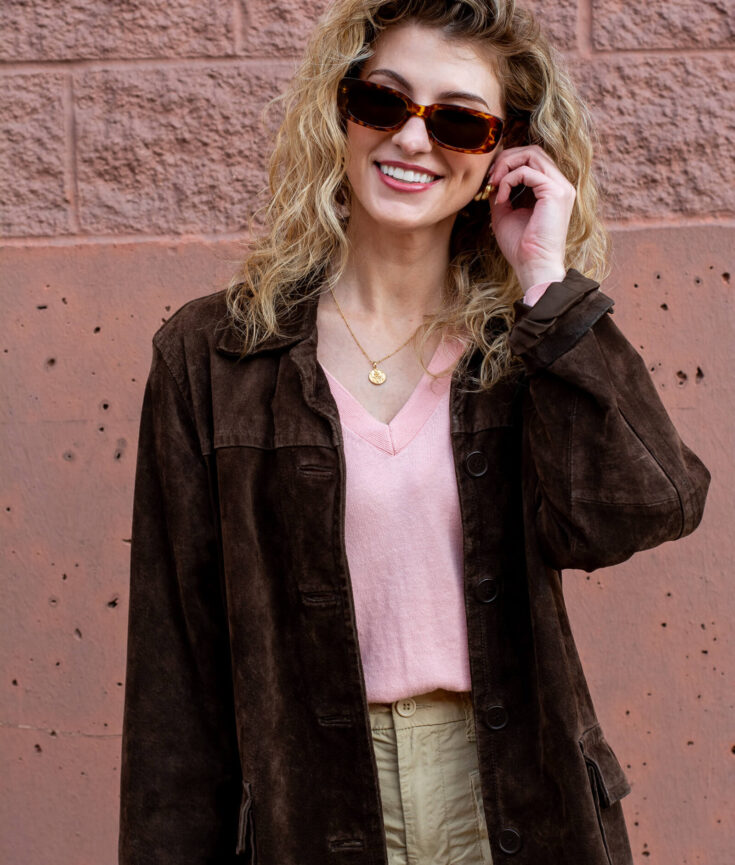 Chocolate Suede Jacket with a Baby Pink Sweater for Spring. | LSR