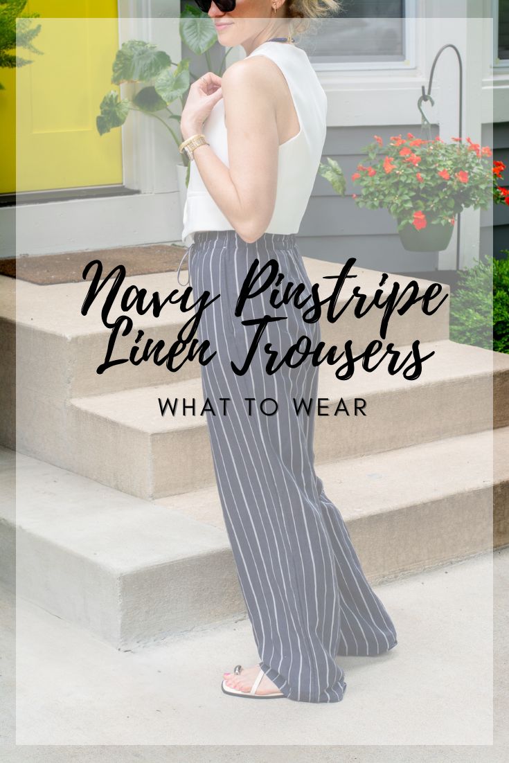 Navy Pinstripe Wide-leg Linen Trousers with a White Vest. | LSR