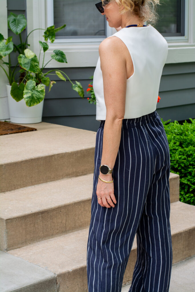Navy Pinstripe Wide-leg Linen Trousers with a White Vest. | LSR