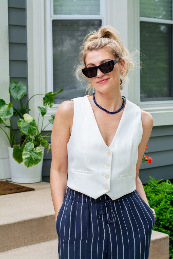 White Vest and a Beaded Gemstone Necklace. | LSR