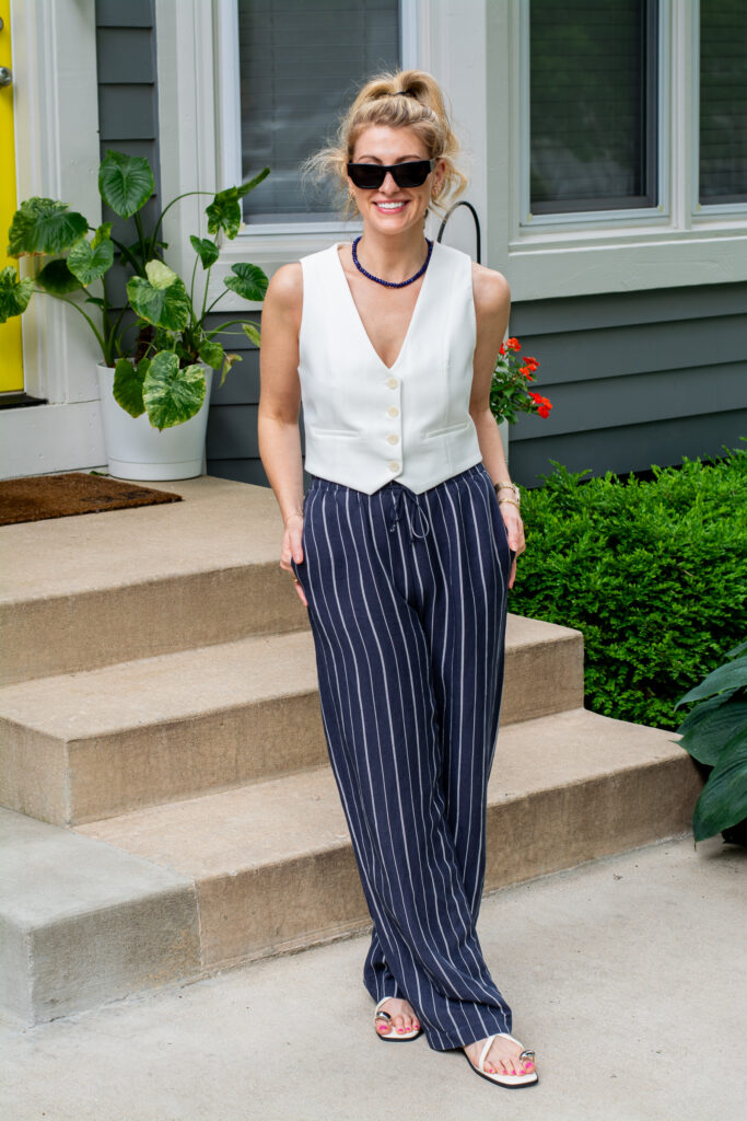 Navy Pinstripe Wide-leg Linen Trousers with a White Vest. | LSR