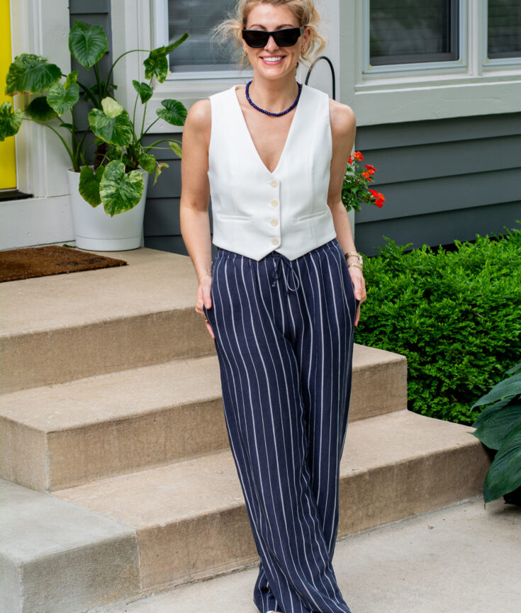 Navy Pinstripe Wide-leg Linen Trousers with a White Vest. | LSR