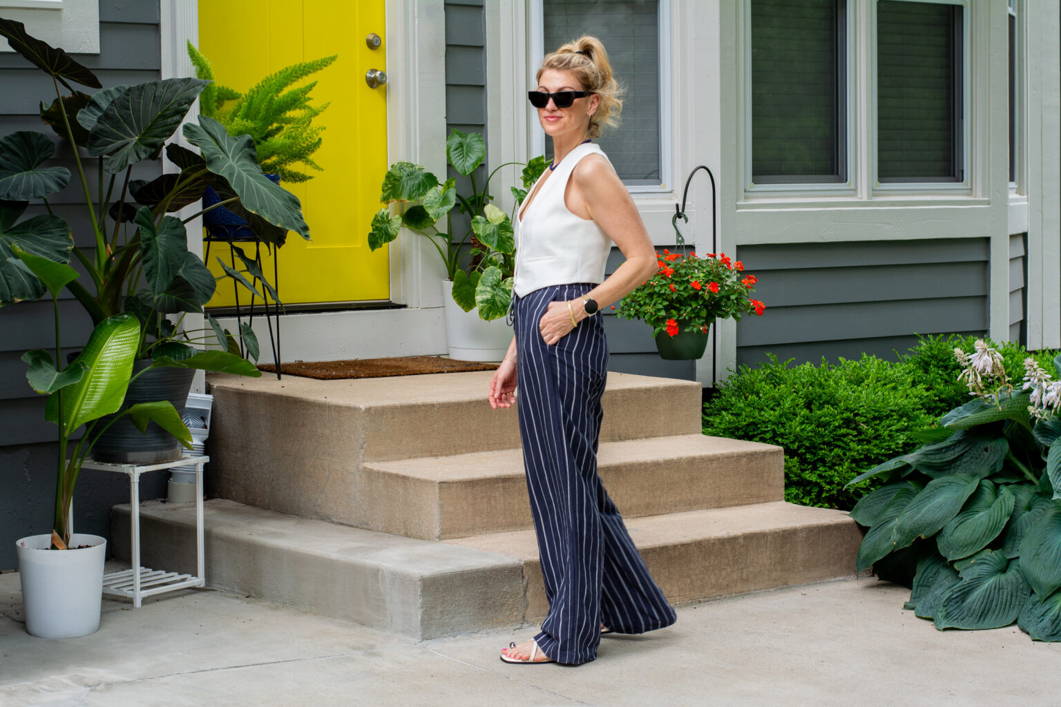 Striped Linen Wide Leg Trousers - Cornflower Blue/White