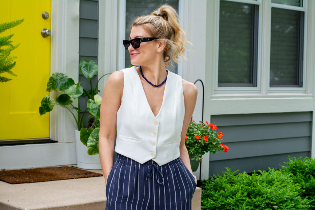 White Cropped Vest and a Blue Gemstone Necklace. | LSR