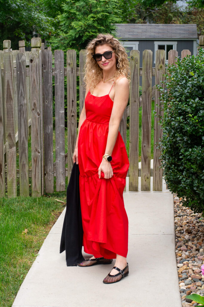 Red Poplin Maxi Dress with Black Mesh Flats. | LSR