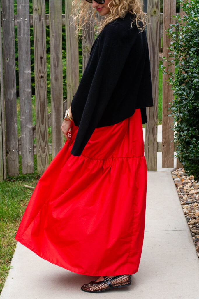 Cashmere Cardigan with a Red Poplin Maxi Dress. | LSR