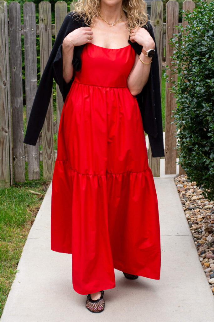 Cashmere Cardigan with a Red Poplin Maxi Dress and Mesh Ballet Flats. | LSR