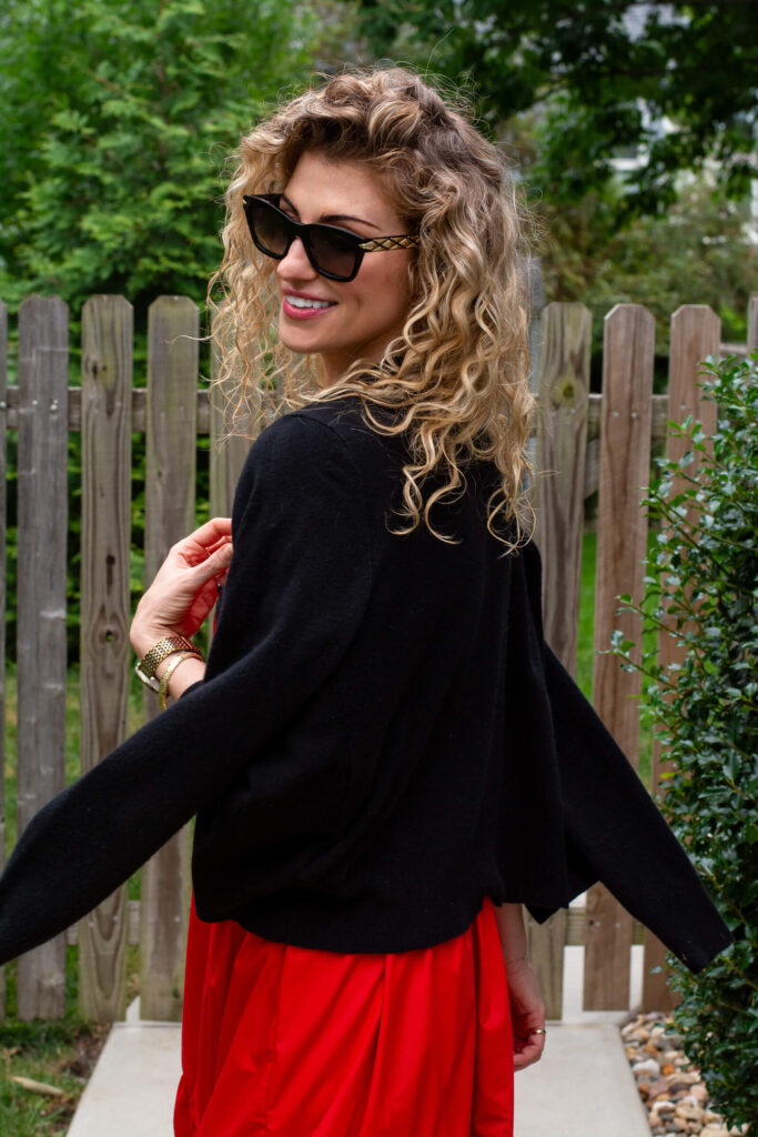 Cashmere Cardigan with a Red Poplin Maxi Dress for Early Fall. | LSR